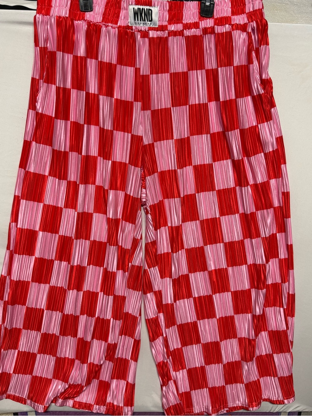 WKND by Chaser Checkered Plisse Pants - Red & Pink 4XL - Picture 4 of 8
